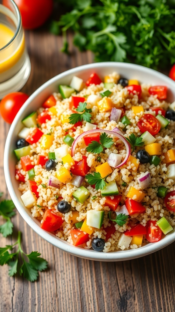 Chilled Quinoa Salad Recipe A colorful chilled quinoa salad with vegetables and parsley in a bowl on a wooden table.